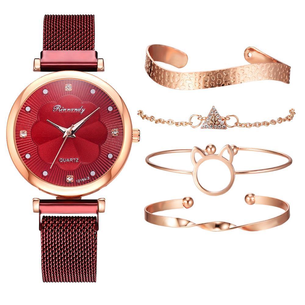 Watch female magnet buckle simple casual watch flower dial alloy mesh strap quartz watch