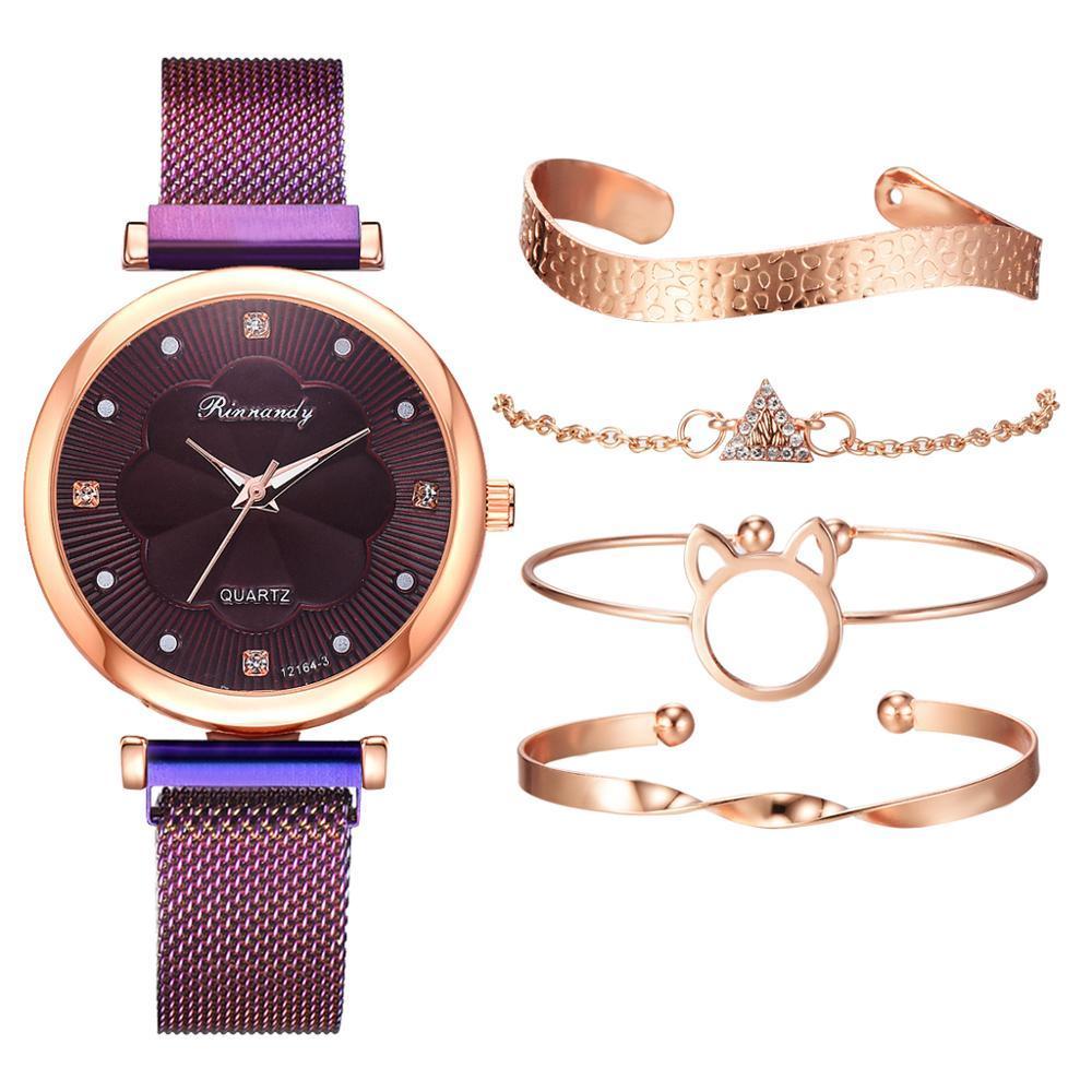 Watch female magnet buckle simple casual watch flower dial alloy mesh strap quartz watch