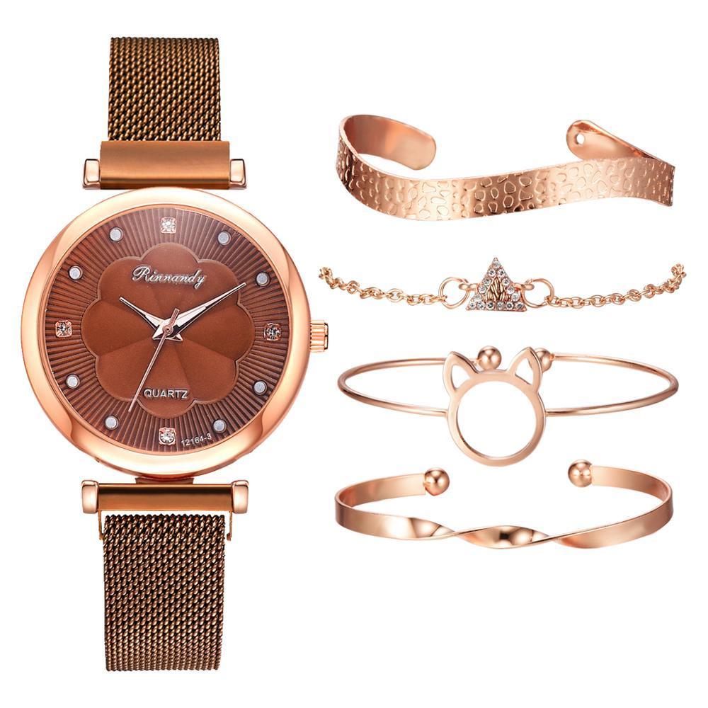 Watch female magnet buckle simple casual watch flower dial alloy mesh strap quartz watch