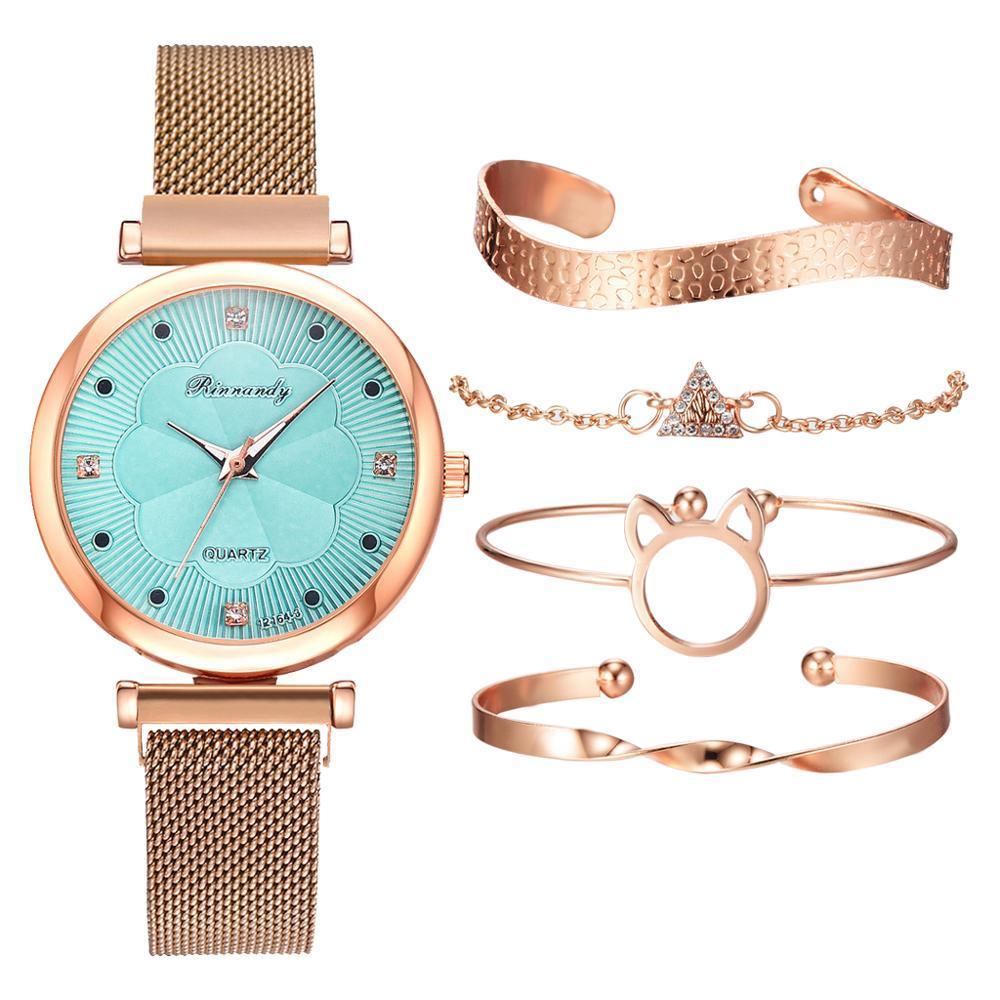 Watch female magnet buckle simple casual watch flower dial alloy mesh strap quartz watch