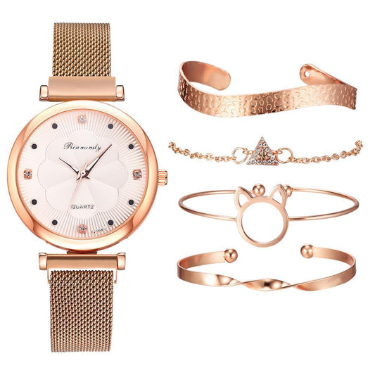 Watch female magnet buckle simple casual watch flower dial alloy mesh strap quartz watch